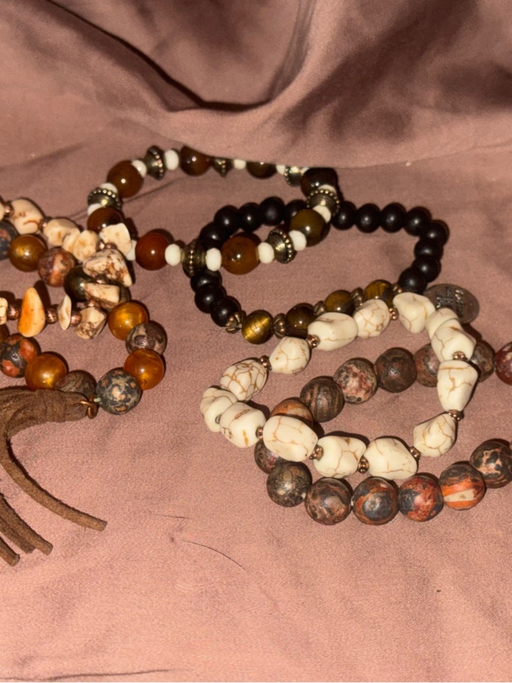 Boho Multi-Bead Stretch Bracelet Set - White, Brown & Black